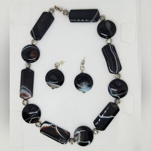 Vintage Sterling Silver Toggle Large Chunky Banded Agate Necklace & Earring Set